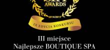 III nagroda w kategorii NAJLEPSZE BOUTIQUE SPA 2014/2015 w konkursie SPA Prestige Award 2014/2015